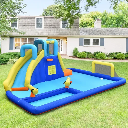 Miniatura 8 de HONEY JOY Tobogán acuático inflable, parque acuático gigante con porterías de fútbol para exteriores, piscina, escalada, toboganes acuáticos