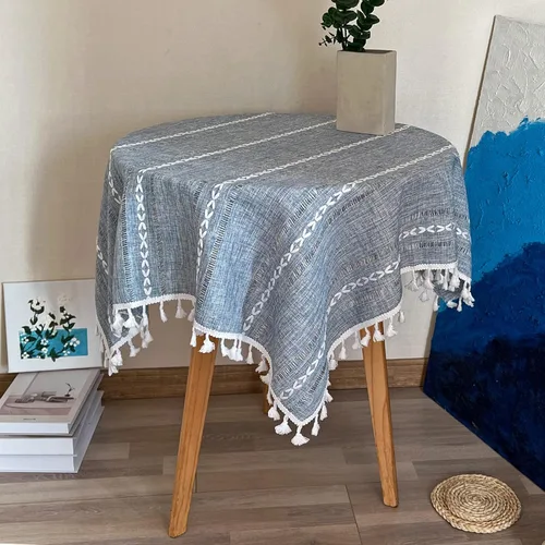Mantel cuadrado de lino rústico pequeño bordado a rayas, lavable, color azul, mantel con borlas y costuras para cocina, comedor, decoración de mesa,