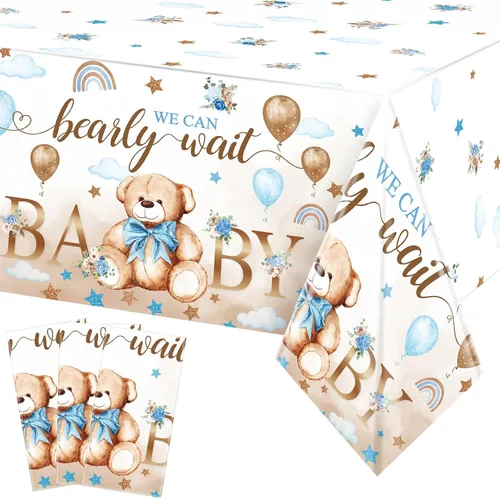 Miniatura 16 de Tegeme Paquete de 6 manteles de plástico con diseño de oso para baby shower, con texto en inglés «We Can Bearly Wait», para fiestas de cumpleaños