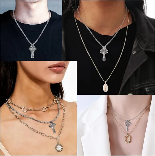 Miniatura 6 de TANGPOET - Collar de nudo celta de plata de ley con colgante de escudo de Asatru de buena suerte joyería irlandesa regalos para hombres mujeres