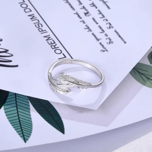 Miniatura 5 de Anillo de plumas inspirador, joyería de plata de ley 925 con hojas ajustables y delicadas, anillos abiertos para mujeres, adolescentes y niñas