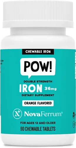 NovaFerrum Pow | Suplemento de hierro masticable para niños y adultos a partir de 12 años | Anemia | 36 mg de hierro | 90 porciones | Sin azúcar