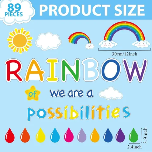 Miniatura 2 de Recortes motivacionales de tablón de anuncios de arcoíris, decoración inspiradora de aula con texto en inglés «We are a Rainbow of Posibilitys»
