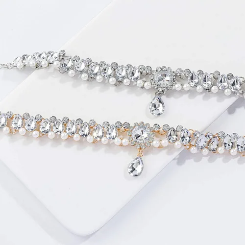 Miniatura 3 de Chmier Bohemia Rhinestone Choker Crystal Necklace Pearl Choker Wedding Jewelry Bridal Necklace Diamond Pendant Choker for Women and Girls