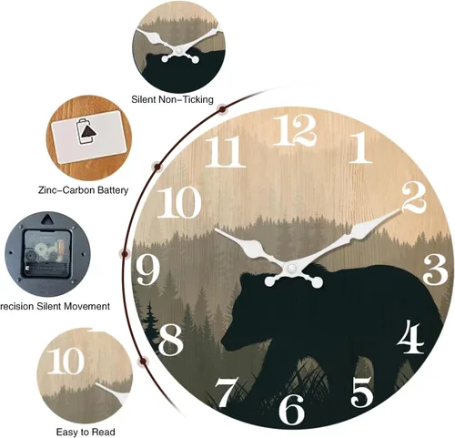 Miniatura 6 de XFM Reloj de Pared de Oso de Cabaña Operado con Batería de 10 Pulgadas Silencioso de Madera Relojes de Pared Rústicos de Granja para Decoración