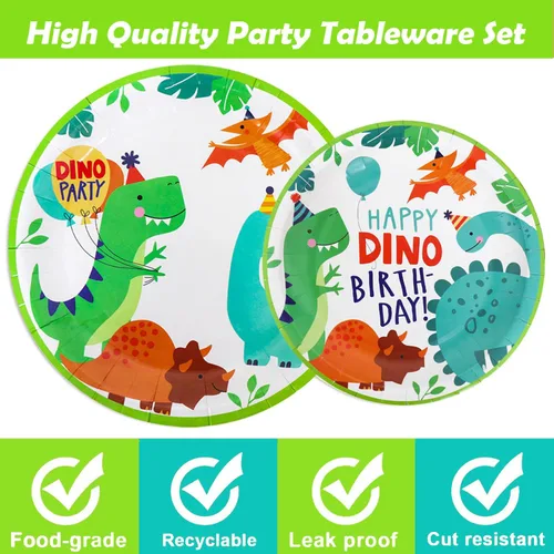 Miniatura 4 de 96 piezas de suministros de fiesta de dinosaurios, decoración de fiesta de cumpleaños con temática de dinosaurio, incluye platos, servilletas
