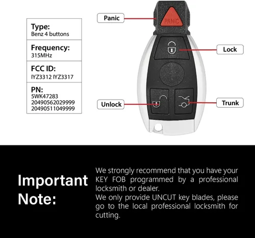 Miniatura 3 de Repuesto para Mercedes Benz 1997-2016 All C CL E G GL ML R S Class Key Fob Control remoto IYZ3312 IYZ3317 315MHz 4 botones, negro