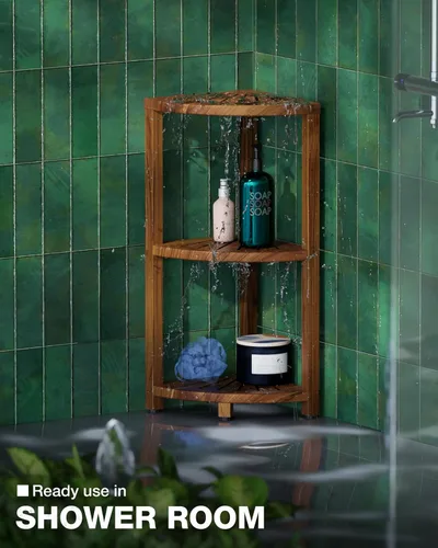 Miniatura 6 de BLUEWEST Soporte esquinero de ducha de 3 niveles, organizador de ducha de madera de pie con pies antideslizantes, estante de esquina de baño