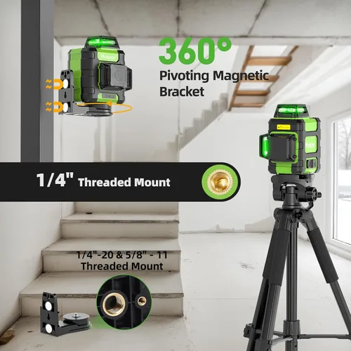 Miniatura 7 de Huepar Nivel láser 360 autonivelante, nivelador láser de línea cruzada verde recargable 3x360°, herramienta láser de nivel 3D para construcción