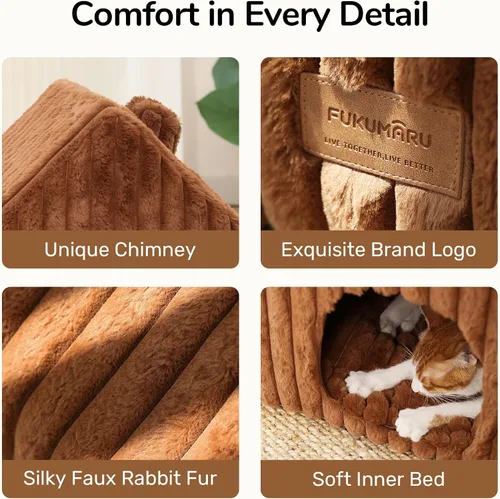 Miniatura 7 de FUKUMARU Casas para gatos de interior, cueva linda y lavable para gatos con almohada removible, casa grande semi-cerrada y acogedora para perros