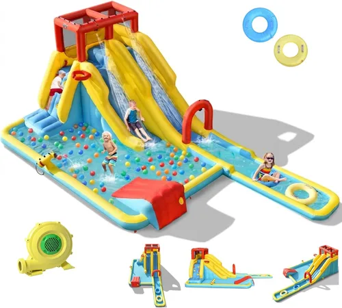 Miniatura 13 de BOUNTECH Tobogán acuático inflable, toboganes de surf duales para niños, parque de toboganes de agua, castillo inflable con 2 anillos de natación