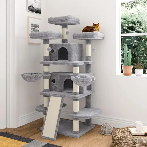 Miniatura 10 de IMUsee Árbol grande, torre de 68 pulgadas, con condominio, perchas acogedoras de felpa, postes rascadores de sisal y hamacas, centro de actividades