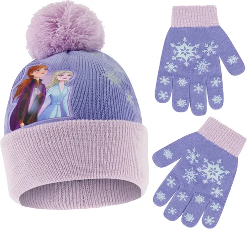 Disney Conjunto de sombrero de invierno Frozen para niñas y guantes para niños gorro Elsa y Anna para edades de 4 a 7 años