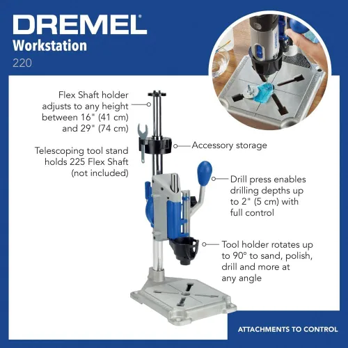 Miniatura 2 de Dremel Prensa de taladro, soporte de estación de trabajo para herramientas rotativas con llave – Mini prensa portátil y soporte para herramientas