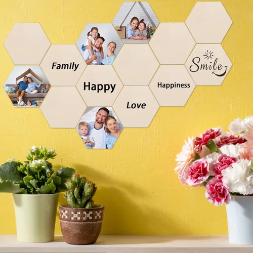 Miniatura 4 de 100 piezas de madera hexagonal sin terminar, recortes de madera en blanco con forma de hexágono, losas de madera natural, recortes