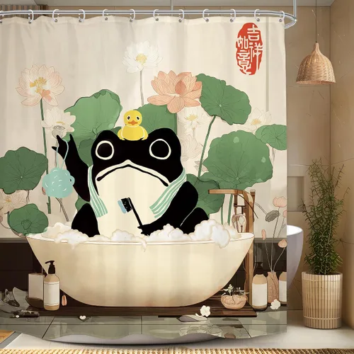 Miniatura 8 de Cortina de Ducha Divertida de Rana Juego de Baño 48 Pulgadas de Ancho x 71 Pulgadas de Alto Lindo Animal Retro Tomando Ducha Patito de Goma