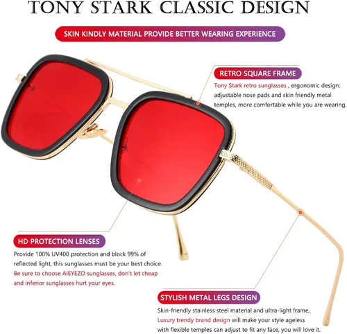 Miniatura 6 de AIEYEZO Tony Stark Sunglasses Vintage Square Metal Frame Eyeglasses for Men Women - Iron Man and Edith Sun Glasses