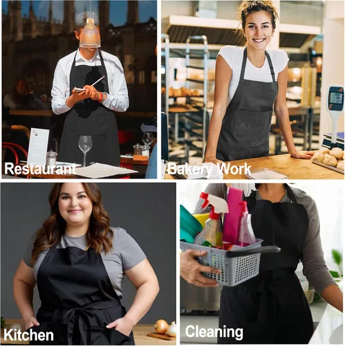 Miniatura 6 de Paquete de 2 delantales de talla grande, delantales de chef grandes negros con 2 bolsillos para hombres y mujeres, camarera, delantal de trabajo