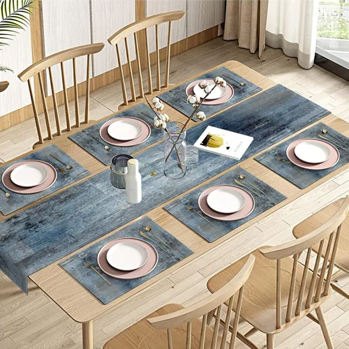 Emvency Juego de camino de mesa y manteles individuales vintage azul gris, arte de pintura abstracta moderna para decoración de comedor de uso Azul