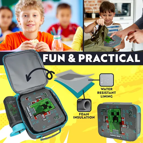 Miniatura 3 de Get Trend Bolsa de almuerzo Minecraft, fiambrera, botella de agua para niños, juego de 3 piezas, caja bento, contenedor aislado para aperitivos