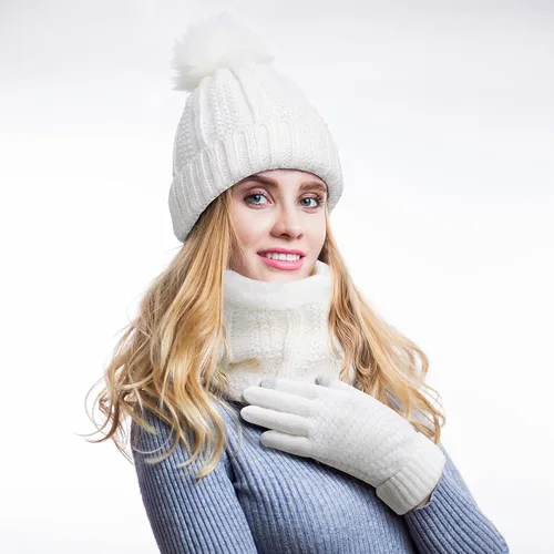 Miniatura 5 de 8 piezas de gorro de invierno cálido con pompón para mujer, gorro de punto calavera, calentadores de cuello, bufandas, guantes de punto