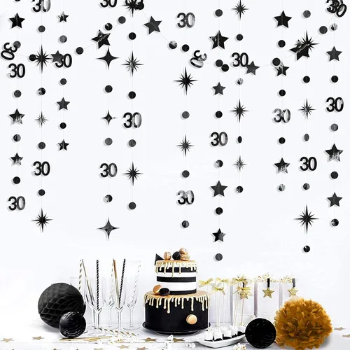 Miniatura 3 de Decoraciones negras de 30 cumpleaños número 30 círculo punto brillante guirnalda metálica colgante serpentina banderín banner telón de fondo