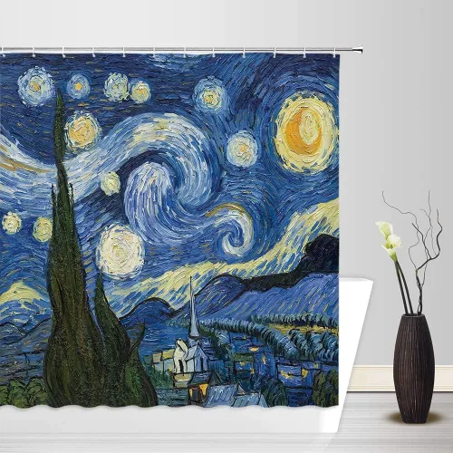 Miniatura 3 de Cortina de ducha pequeña, noche estrellada, pintura al óleo azul, arte abstracto, cielo azul, nube, estrella, luna, paisaje, RV, baño, decoración