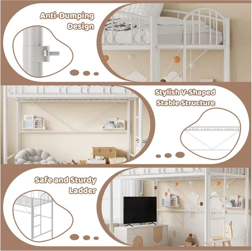 Miniatura 5 de Cama alta de metal resistente tamaño individual con escalera y barandilla arqueada, soporte de listones de acero resistente, diseño que ahorra
