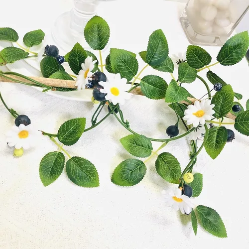 Miniatura 7 de Vid artificial de arándanos, margaritas blancas falsas, bayas y plantas, guirnalda para boda, jardín, oficina, hotel, fiesta, decoración artística