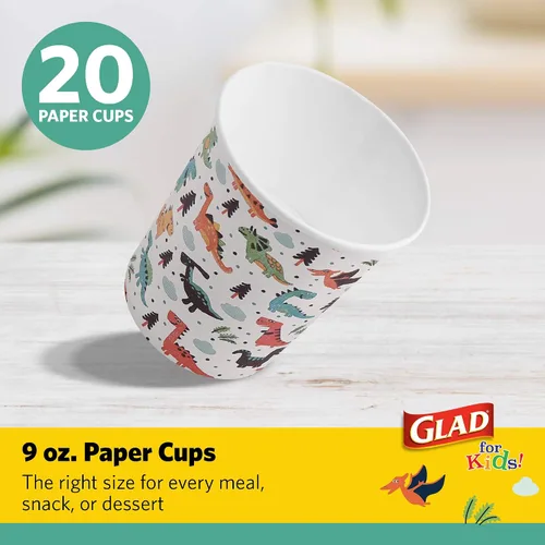 Miniatura 2 de Tazas de papel de dinosaurio para niños de Glad 20 tazas de papel blanco con diseño de dinosaurio para niños Tazas de papel desechables