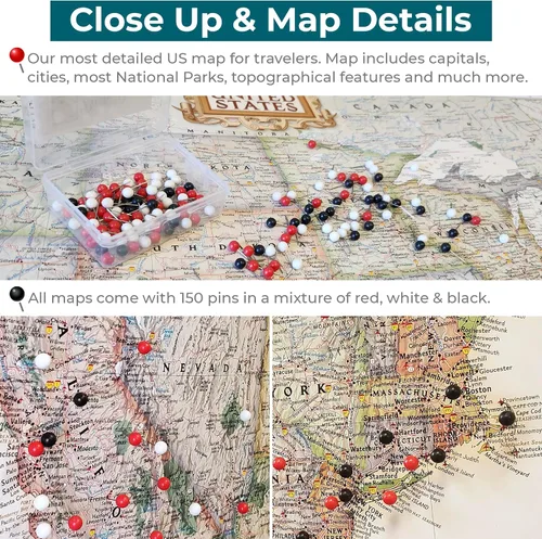 Miniatura 3 de Push Pin Travel Maps - Executive US - Mapa de pines enmarcado con marco negro para rastrear tus viajes - 27.5 x 39.5 pulgadas - 8 opciones de marco