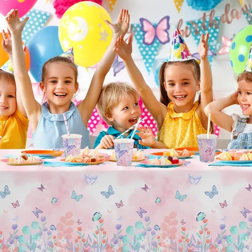 Miniatura 4 de Suministros de fiesta de cumpleaños de mariposas, platos de papel desechables, servilletas, vasos, mantel y pancarta para decoración de cumpleaños