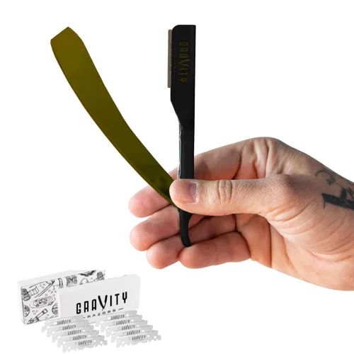 Kit de cuchilla de afeitar recta profesional GRAVITY RAZORS – Ultra Exposición, incluye 10 cuchillas premium, 2mm expuestas, color oro y negro
