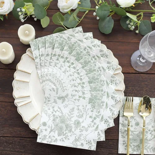 Miniatura 2 de Efavormart - Paquete de 20 servilletas de papel con estampado floral blanco y verde salvia, altamente absorbentes, suaves, de 2 capas, desechables