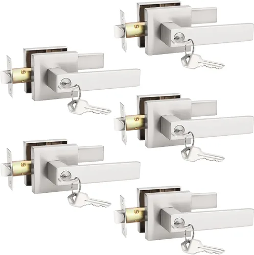 Miniatura 29 de KNOBWELL Juego de 6 manijas de puerta de entrada resistentes color negro mate con llave igual/combo con llave, manija de puerta clásica
