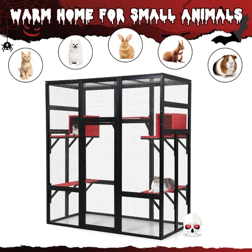 Miniatura 4 de Nyeekoy Refugio de gato al aire libre de madera grande de 71 pulgadas con perchas y condominios, casa para gatos con techo impermeable, refugio