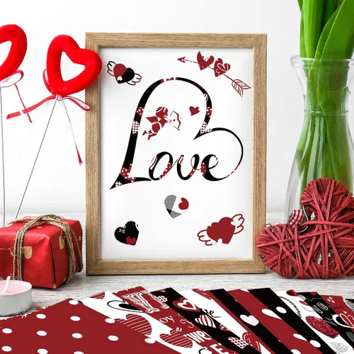 Miniatura 5 de Papel con Patrón de San Valentín de Doble Cara Papel Decorativo para Álbum de Recortes de San Valentín, Cartulina Roja y Negra con Corazones de Amor