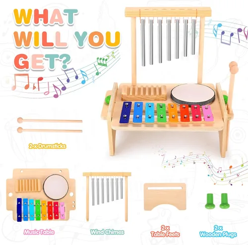Miniatura 6 de Juego de batería para niños pequeños, juguetes de instrumentos musicales Montessori, juego de batería para niños pequeños, xilófono de madera