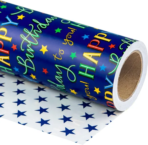 Miniatura 14 de WRAPAHOLIC Papel de regalo reversible, mini rollo, 17 pulgadas x 33 pies, diseño de mármol azul con rayas para cumpleaños, vacaciones, bodas, baby