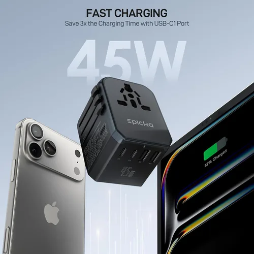 Miniatura 2 de EPICKA Adaptador de viaje universal GaN 45W, adaptador de enchufe de viaje europeo con carga rápida PD&QC (2 puertos USB-A y 3 puertos USB-C)