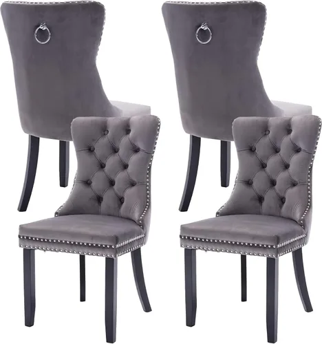 Miniatura 34 de Juego de 4 sillas de comedor de terciopelo, sillas de comedor tapizadas con ribete de cabeza de clavo, patas de madera, anillo de tracción, sillas