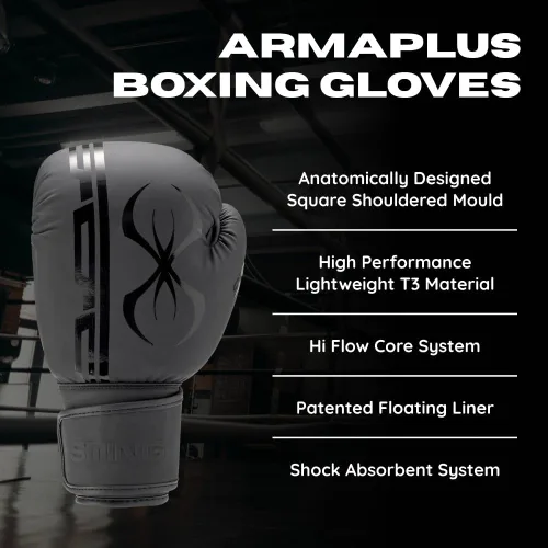 Miniatura 4 de Guantes de boxeo STING Armaplus Material exterior T3, sistema de revestimiento flotante, relleno de núcleo Hi Flow, correa de soporte de muñeca