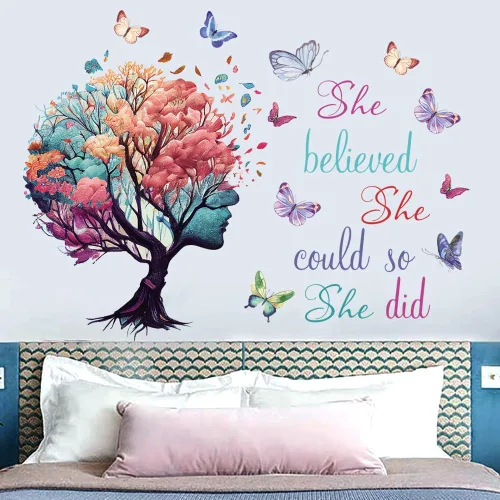 Miniatura 2 de Arte de pared con citas inspiradoras - Adhesivos de árbol y mariposa "She Believed She Could So She Did" para decoración de dormitorio y sala