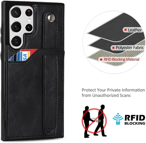 Miniatura 6 de Funda para teléfono Samsung Galaxy S22 Ultra 5G con protector de pantalla, correa de muñeca ajustable, atril, ranura para tarjetas de crédito