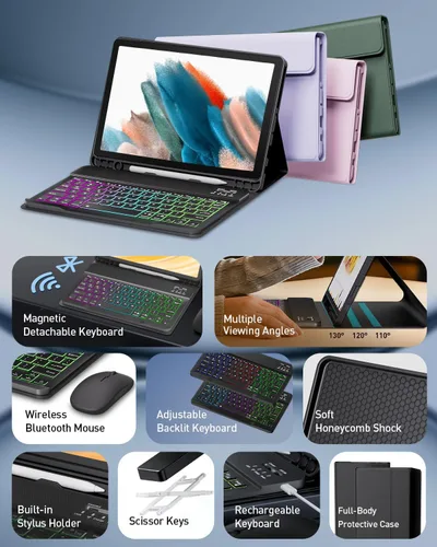 Miniatura 3 de Funda de teclado con mouse para Samsung Galaxy Tab A8 de 10.5 pulgadas 2022 (SM-X200/X205/X207), teclado ligero desmontable retroiluminado, funda