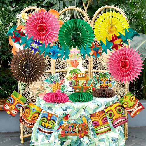 Miniatura 7 de Paper Jazz Decoraciones de fiesta hawaiana para cumpleaños, decoración de fiesta tropical para Tiki Bar, pancarta de Aloha con centro de mesa Luau