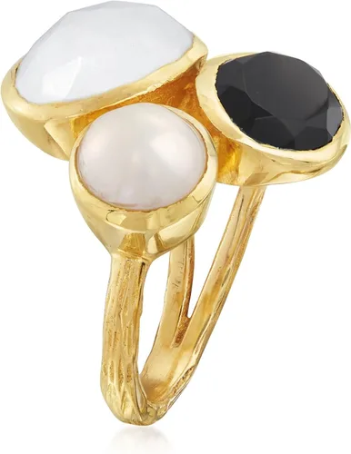 Miniatura 3 de Ross-Simons Onyx, Moonstone and 8mm Cultured Pearl Ring in 18kt Gold Over Sterling