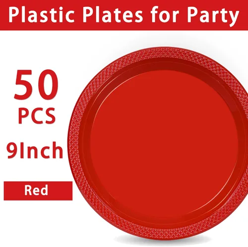 Miniatura 8 de WELLIFE Platos de plástico rojos de 9 pulgadas, 50 unidades, platos desechables para fiesta, día de la madre, plato para cena, postre, suministros