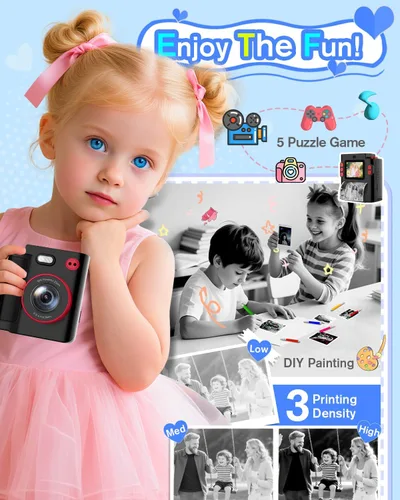 Miniatura 3 de Cámara de impresión instantánea para niños, cámara digital negra clásica para niños de 3 a 12 años, 1080P HD con tarjeta SD de 32 GB, modo selfie