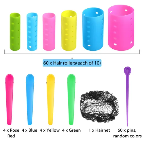 Miniatura 3 de El juego de 141 rodillos para el cabello incluye 60 rodillos de plástico (multicolor, 6 tamaños)
